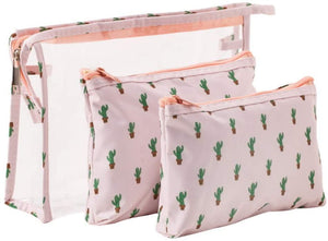 Waterproof Cactus Cosmetic Bag Set Toiletry Storage Organizer for Women Girls (Pink)