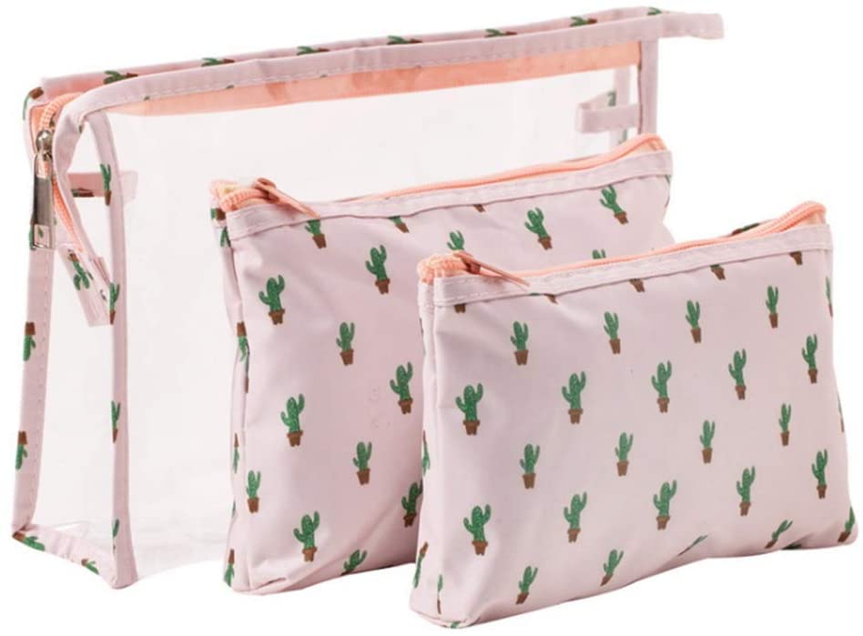 Waterproof Cactus Cosmetic Bag Set Toiletry Storage Organizer for Women Girls (Pink)