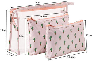 Waterproof Cactus Cosmetic Bag Set Toiletry Storage Organizer for Women Girls (Pink)