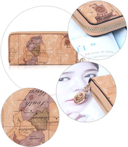 Long Retro Waterproof Leather Map Wallet Zipper Multi-Card Clutch Purse for Women(Brown)