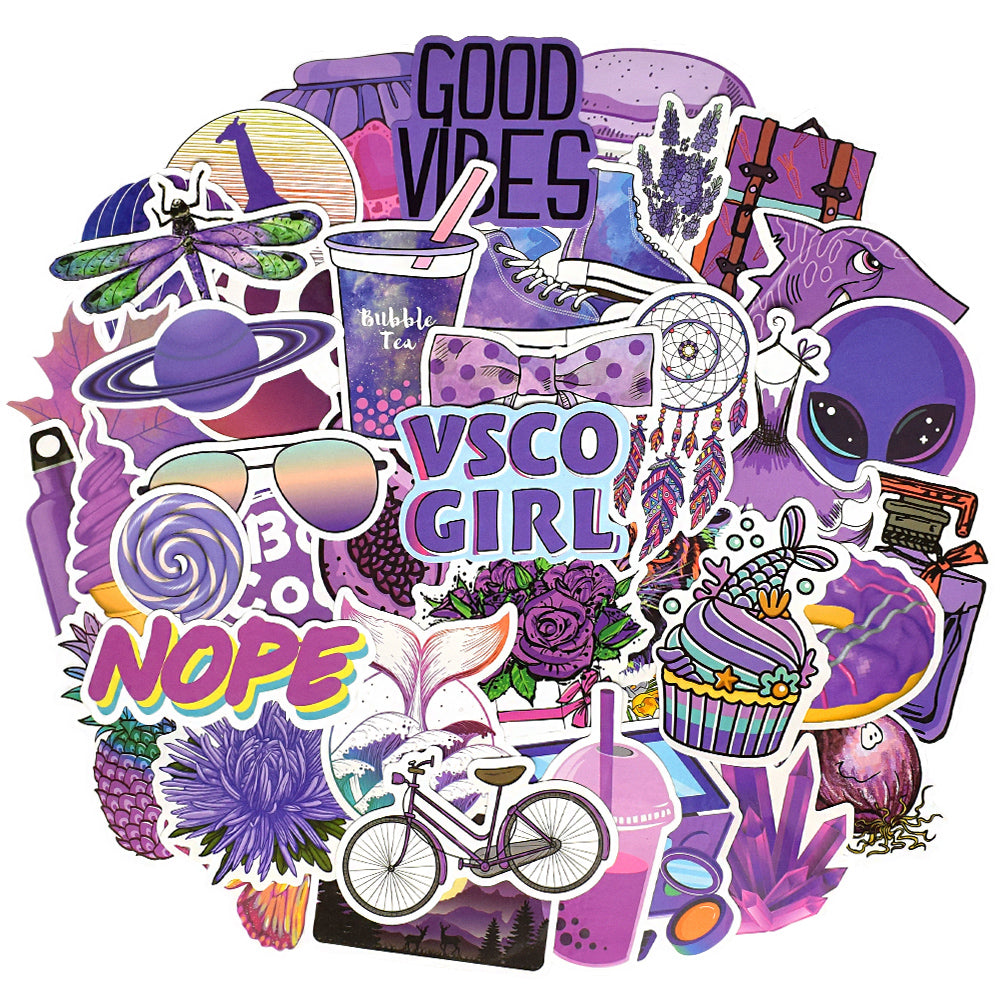 Waterproof Vsco Girl Vinyl Stickers Pack for Water Bottles Laptops (50Pcs Purple Style)