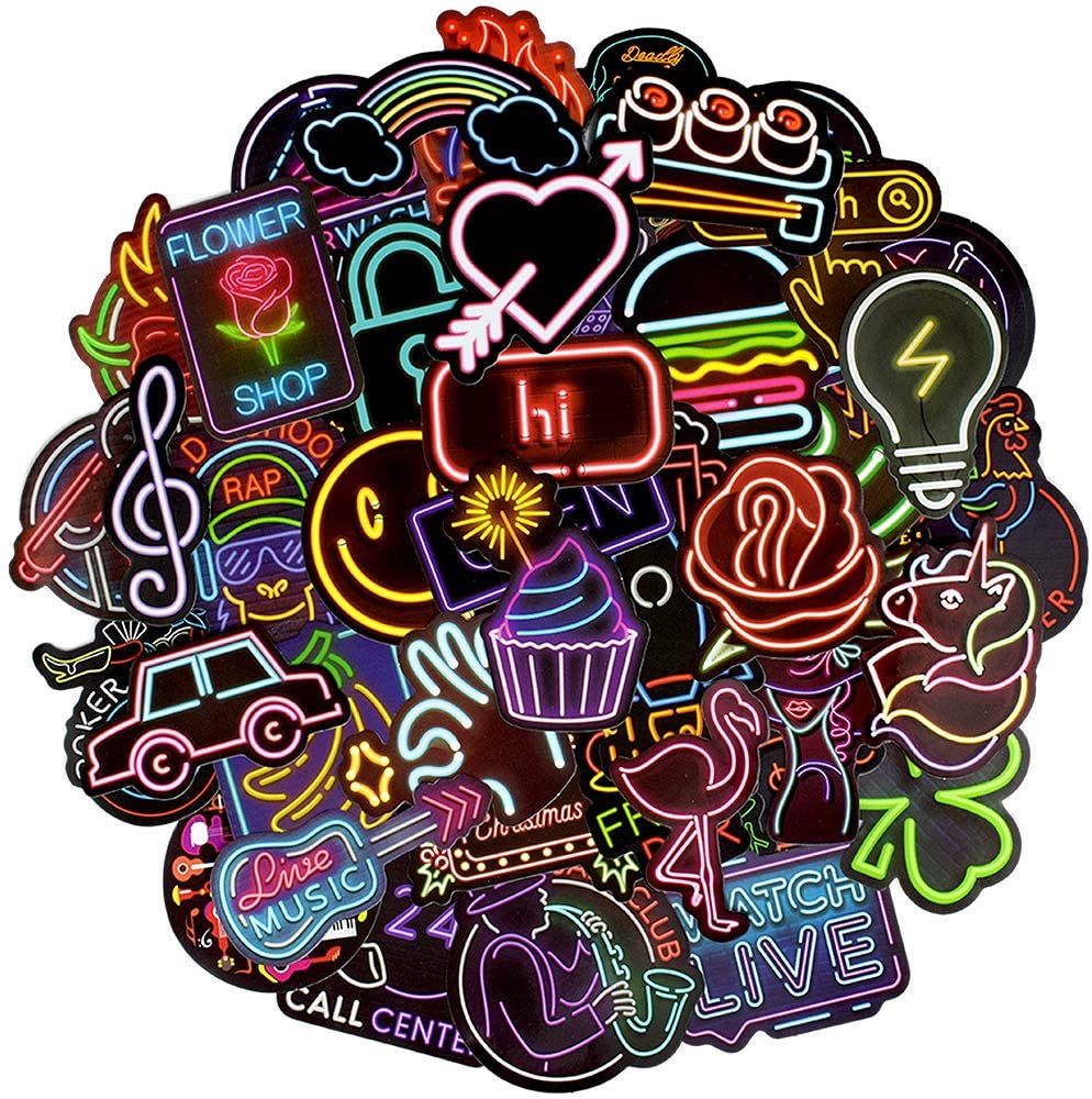 Waterproof Vinyl Stickers for Laptops Car Decals Party Supplies Decor (50Pcs Neon Style)