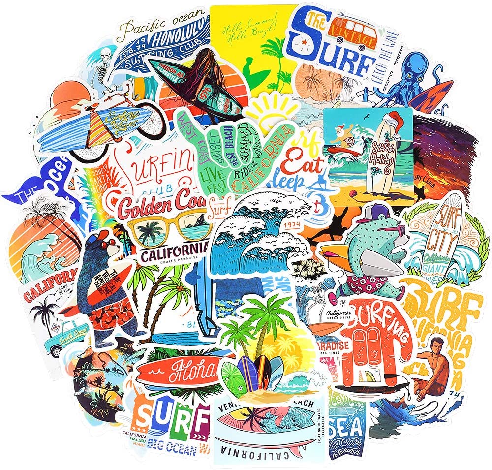 Waterproof Vsco Vinyl Stickers Pack for Water Bottle Laptop Party Favors (50 Pcs Surfing Style)